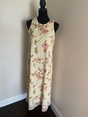 Vintage Ulterior Motives Chiffon Floral Butter Yellow Midi Dress, size 7/8